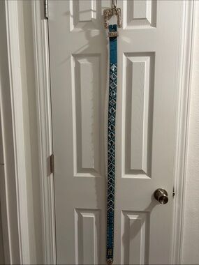 Teal Cowhide like Fabric Beaded Western Style Belt with Rhinestone Buckle.